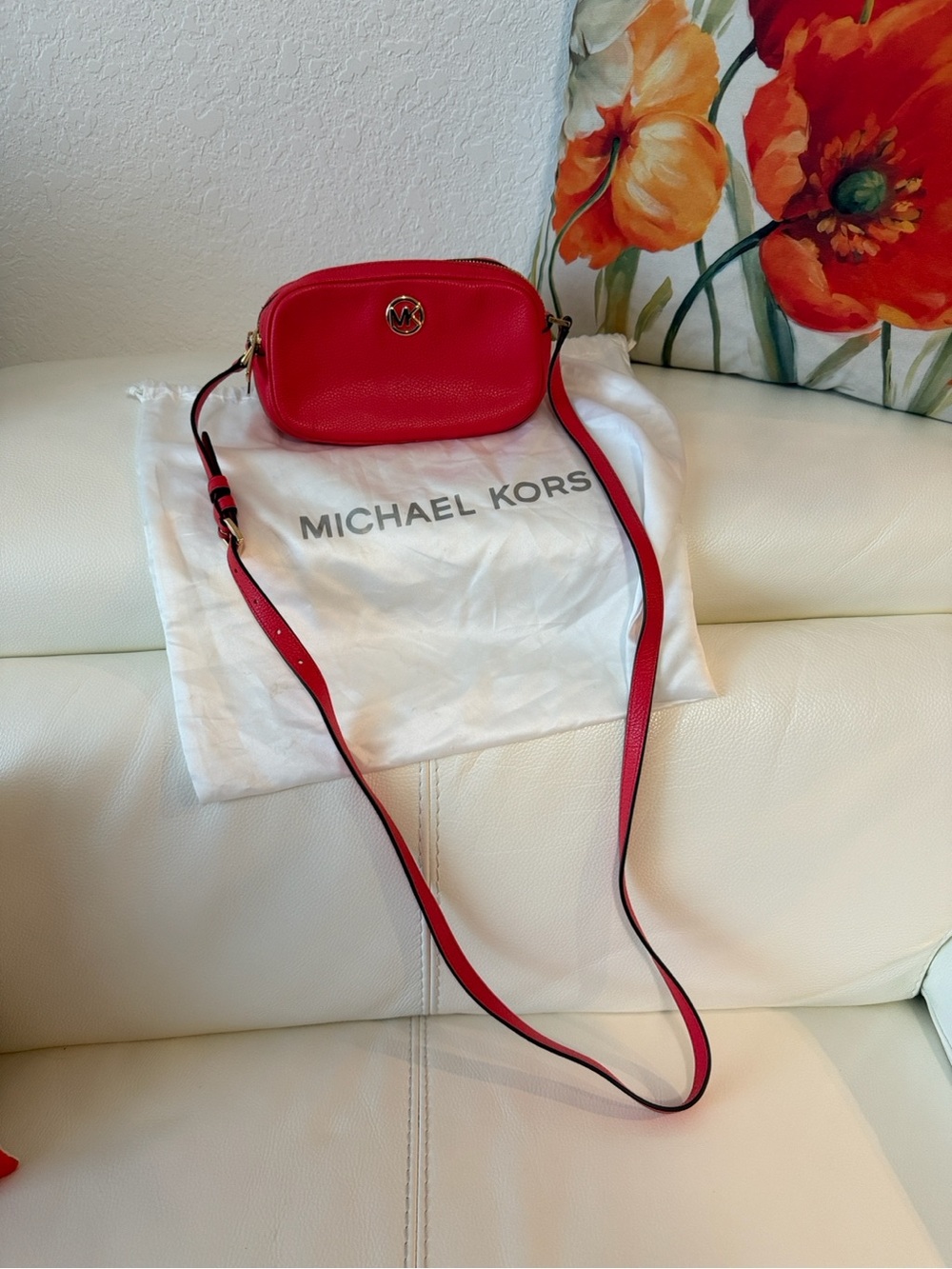 Michael Kors Red Pebbled Leather Crossbody with Gold Logo